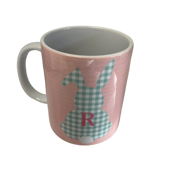Hallmark Mug Cup Pink Rabbit Green Gingham Plaid R Initial Monogram 4" x 3 1/2" - Picture 5 of 6